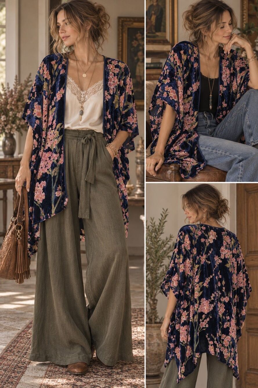 Sky and Sand Floral Velveteen Kimono Cardigan Oversized Boho Sakura Cherry Bloss